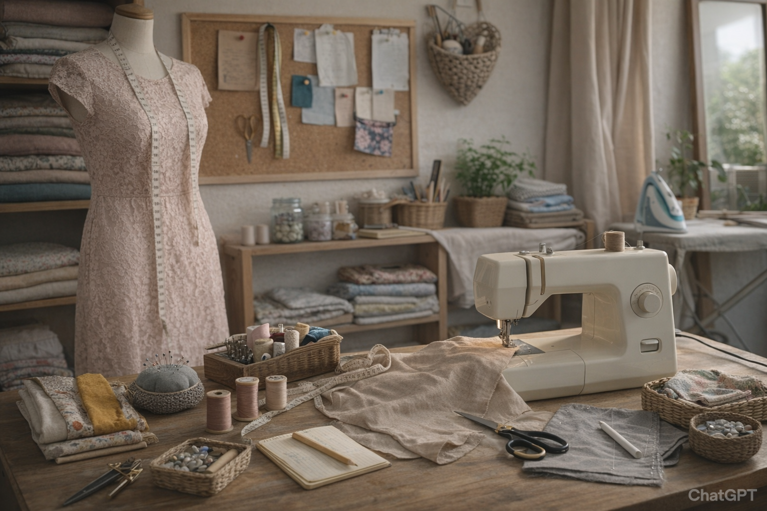 Atelier de couture et retouche à Toulouse avec machine à coudre, tissu et matériel de confection sur plan de travail